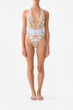 PLUNGE FRONT HALTER ONE PIECE WITH TRIM THRONE GAMES