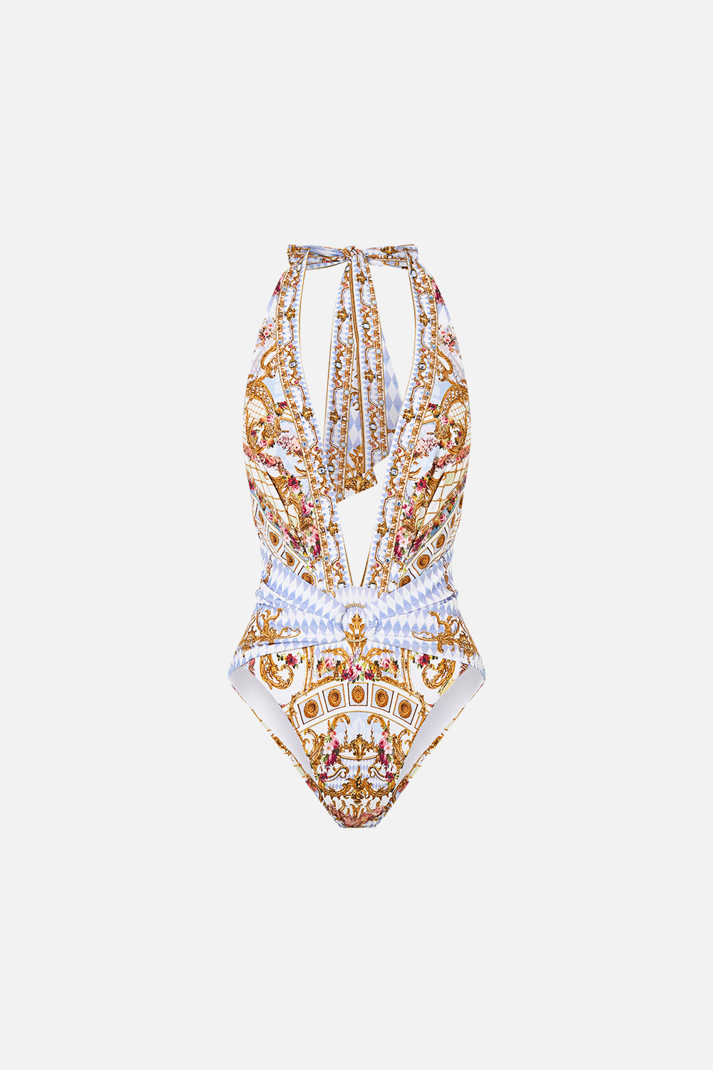 PLUNGE FRONT HALTER ONE PIECE WITH TRIM THRONE GAMES