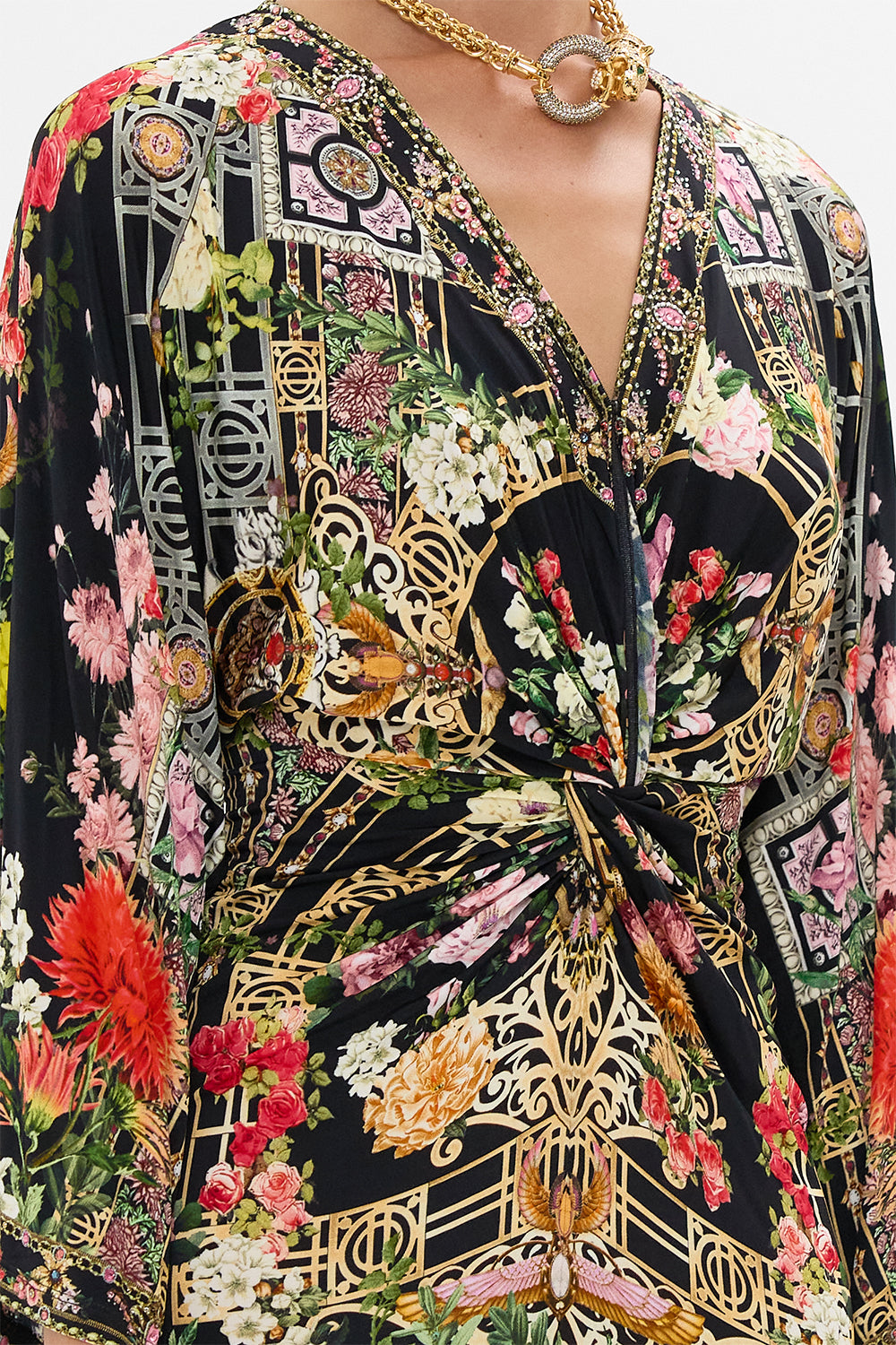 LONG SPLIT FRONT TWIST DRESS ADORNED IN ALEXANDRIA