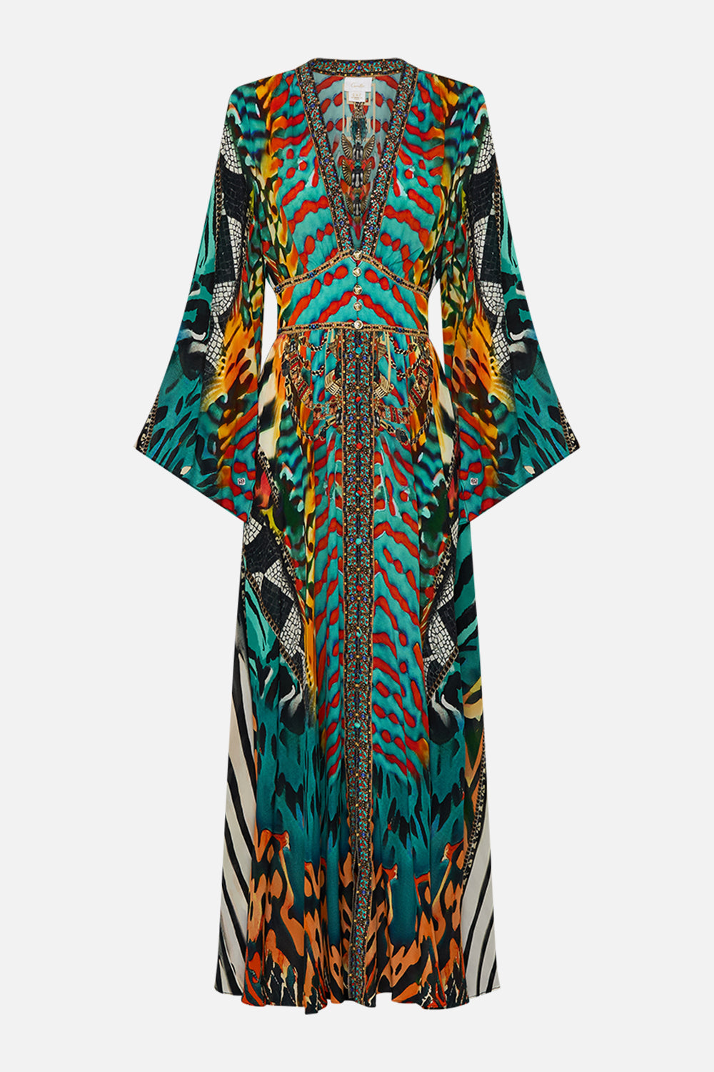 CAMILLA Kimono Sleeve Dress with Shirring Detail in Desert Visions print.