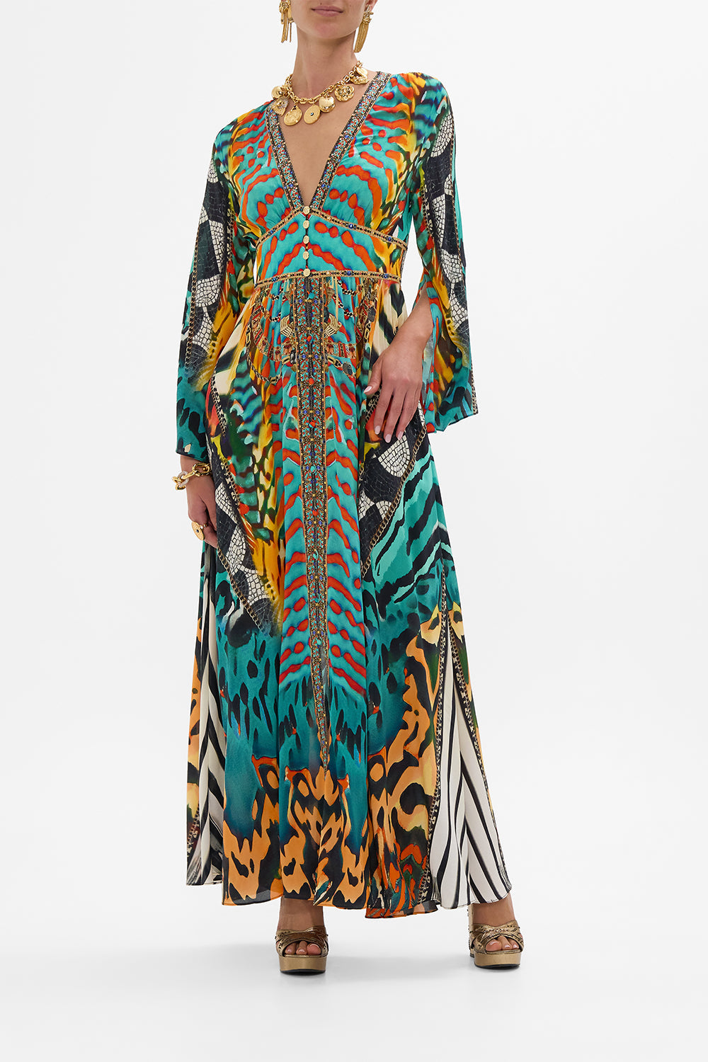 CAMILLA Kimono Sleeve Dress with Shirring Detail in Desert Visions print.