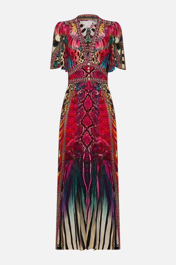 SHAPED WAISTBAND DRESS WITH FLUTTER SLEEVES SAHARA STARLET