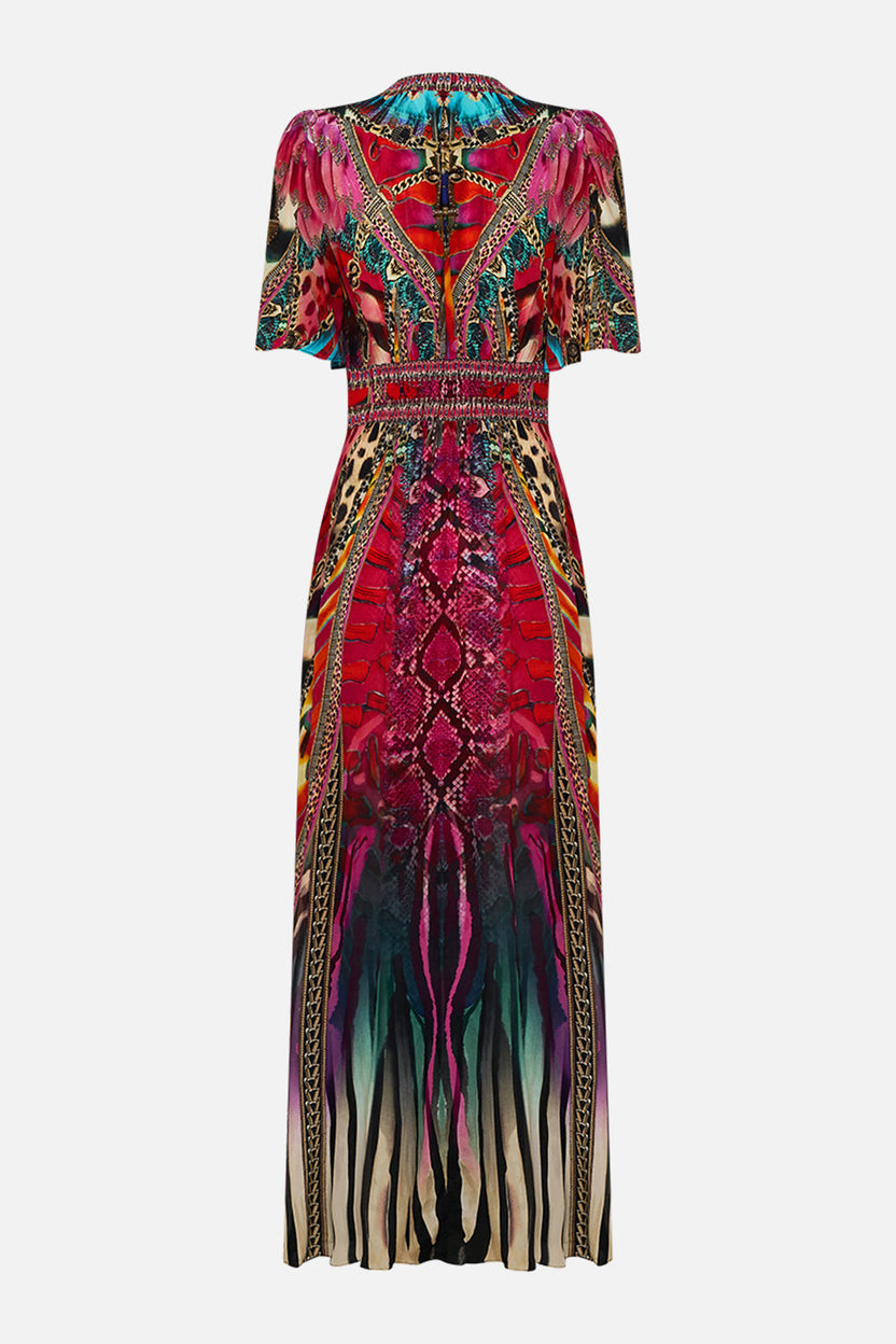 SHAPED WAISTBAND DRESS WITH FLUTTER SLEEVES JUNGLE FLIGHT