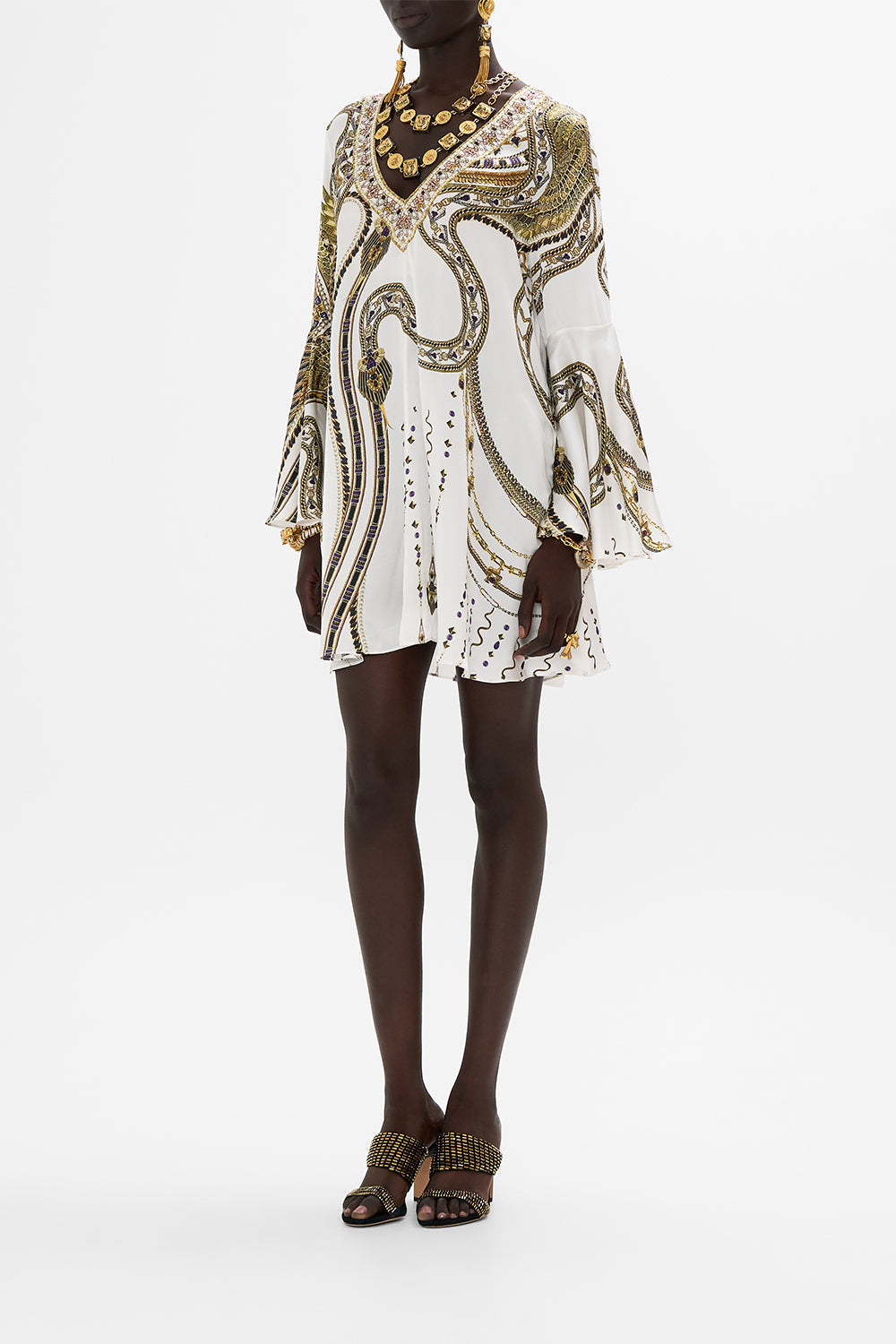 V-NECK FLARED SLEEVE MINI DRESS GODDESS ENERGY