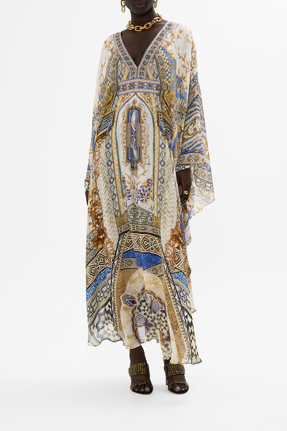 CAMILLA Long Kaftan with Waist Detail in Make Me Your Mosaic Print.