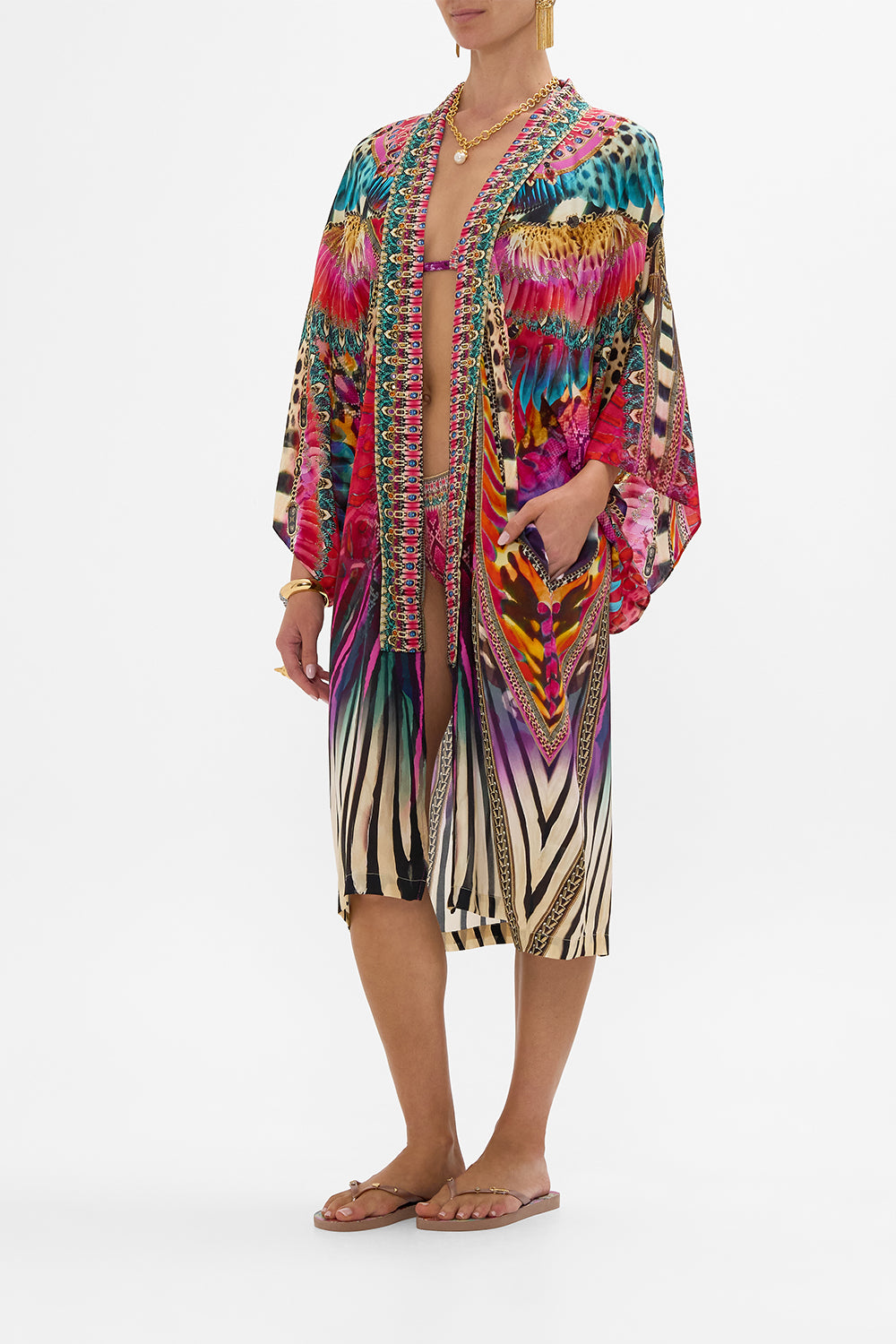 CAMILLA Mid Length Kimono Layer with Collar in Sahara Supernatural print.