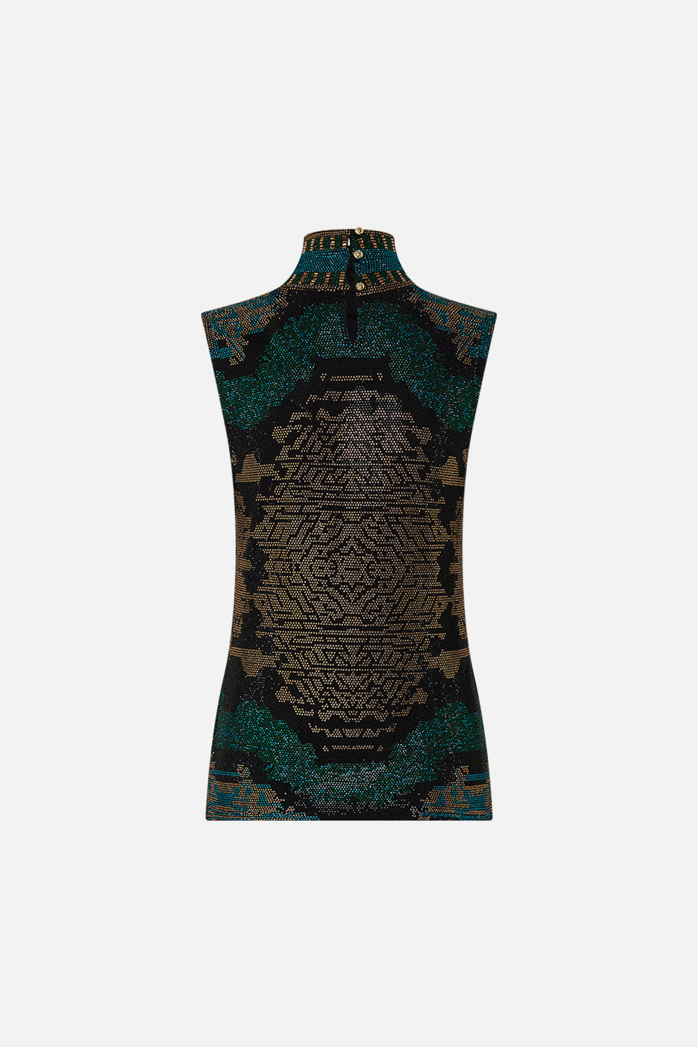 CAMILLA Sleeveless Jersey Turtleneck with Buttons in Other Side of the Oasis print.