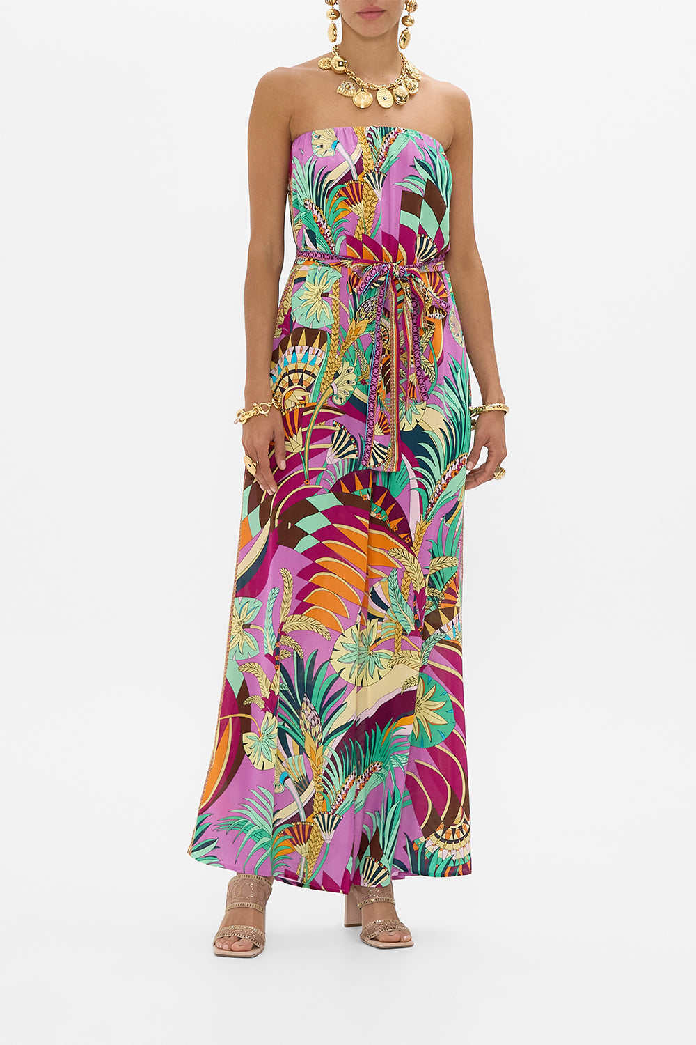 CAMILLA Tie Waist Strapless Jumpsuit in Giza Goddess print. 
