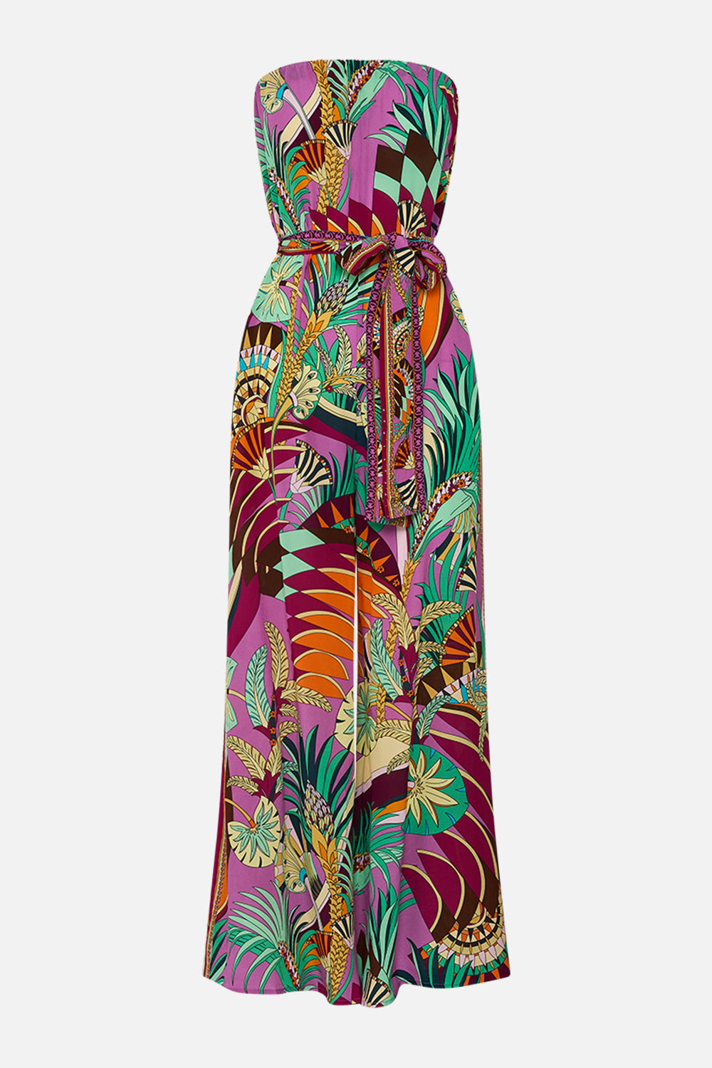 CAMILLA Tie Waist Strapless Jumpsuit in Giza Goddess print. 
