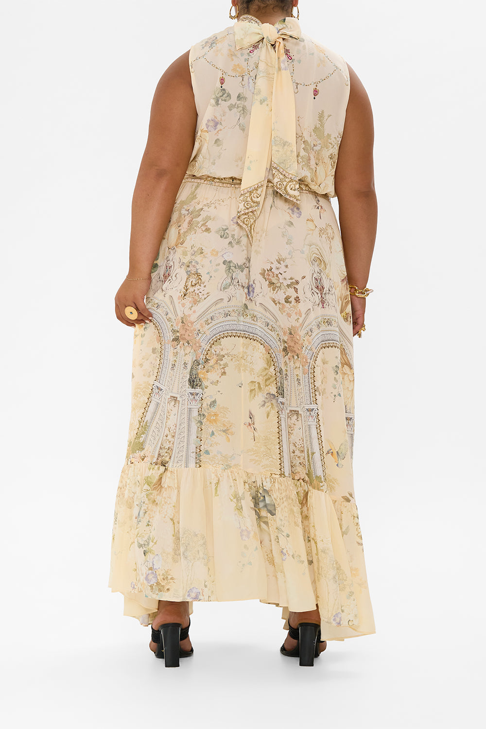 NECKTIE DRESS WITH ELASTICATED WAIST ADORNED IN ANTIQUITY