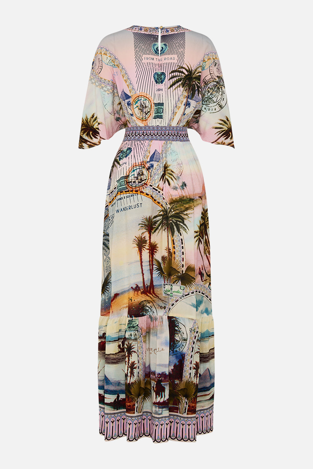 CAMILLA waisted dress with hem ruffle in Call Me in Cairo print. 
