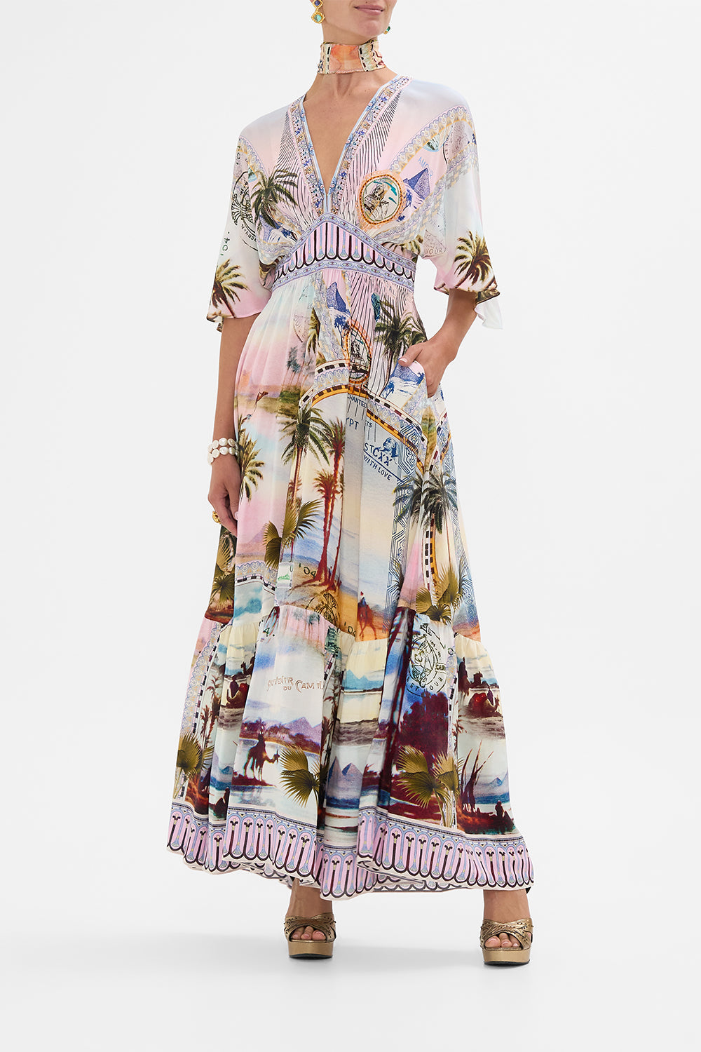 CAMILLA waisted dress with hem ruffle in Call Me in Cairo print. 