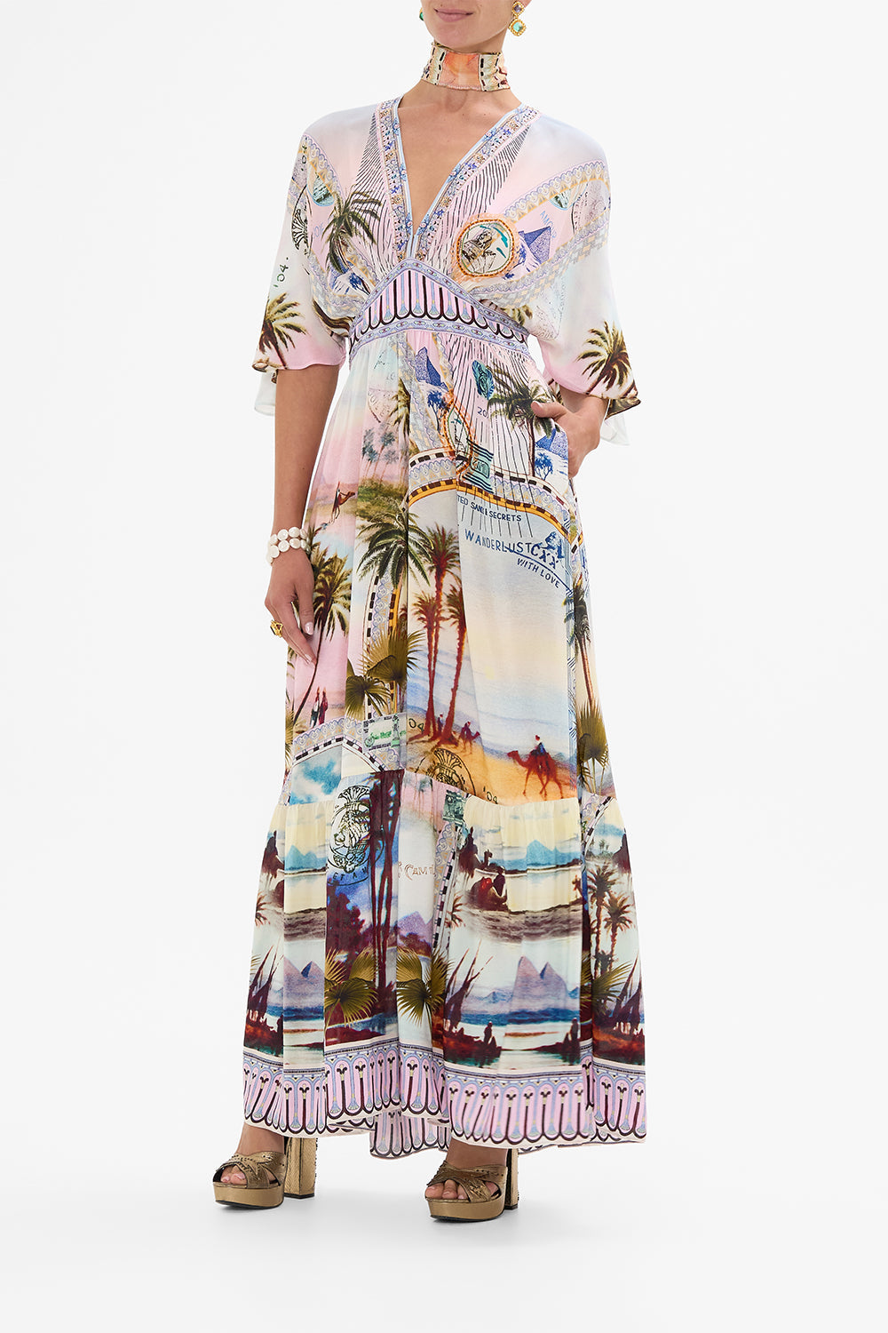 CAMILLA waisted dress with hem ruffle in Call Me in Cairo print. 