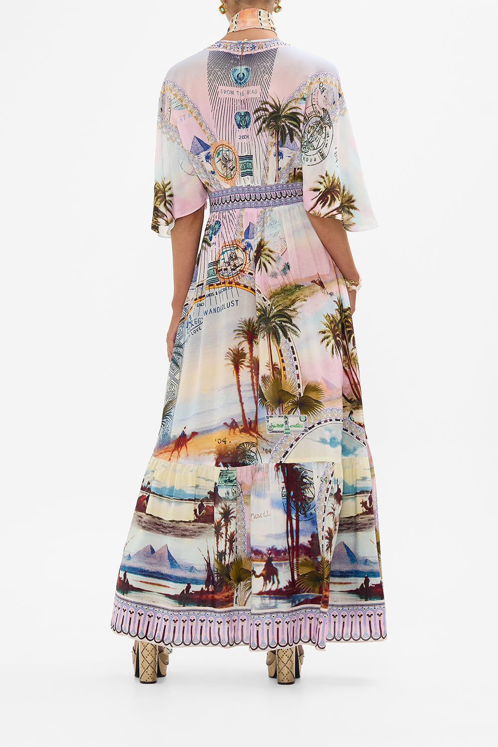 CAMILLA waisted dress with hem ruffle in Call Me in Cairo print. 