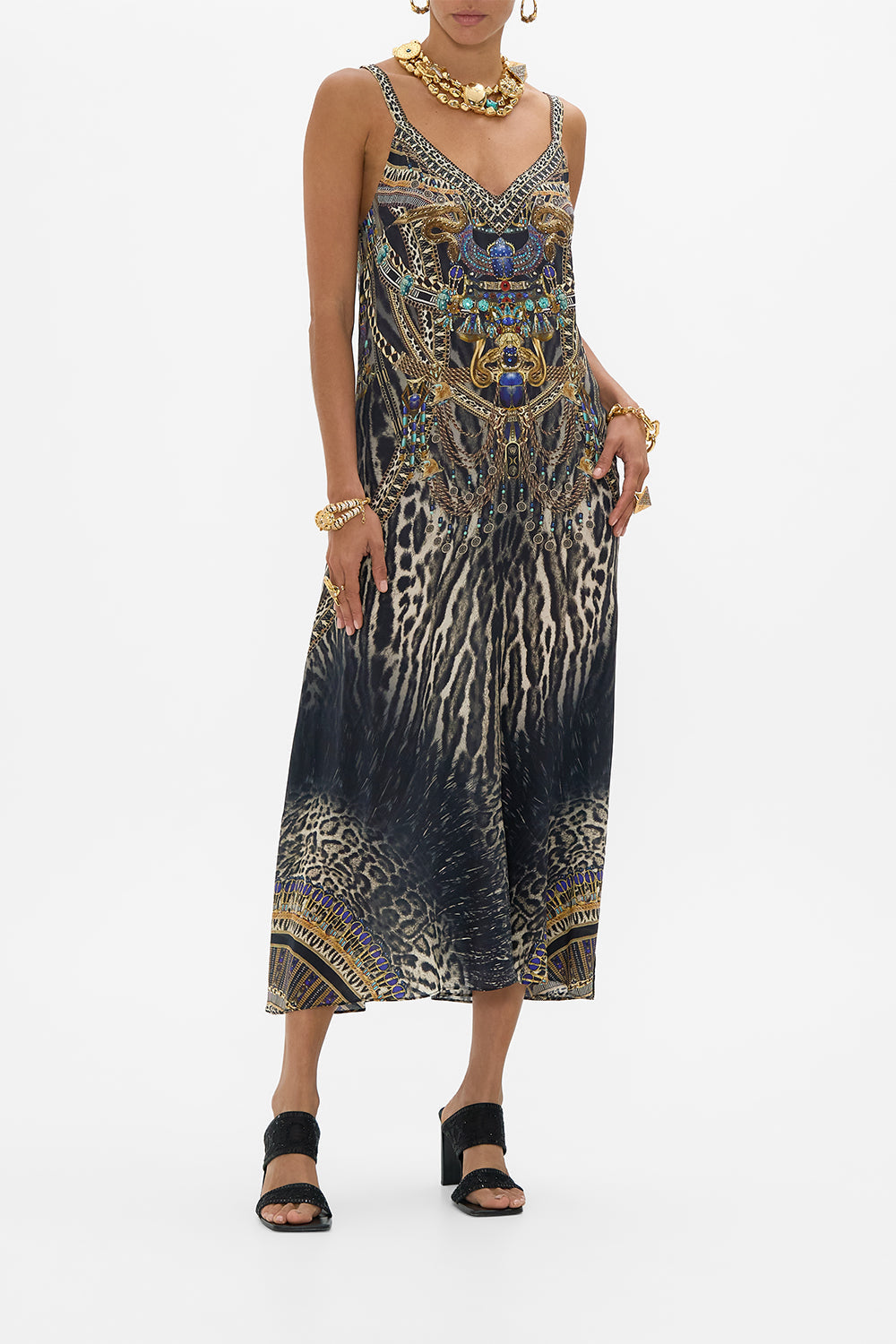 CAMILLA V Neck Midi Slip Dress in Cartouche Kingdom print. 