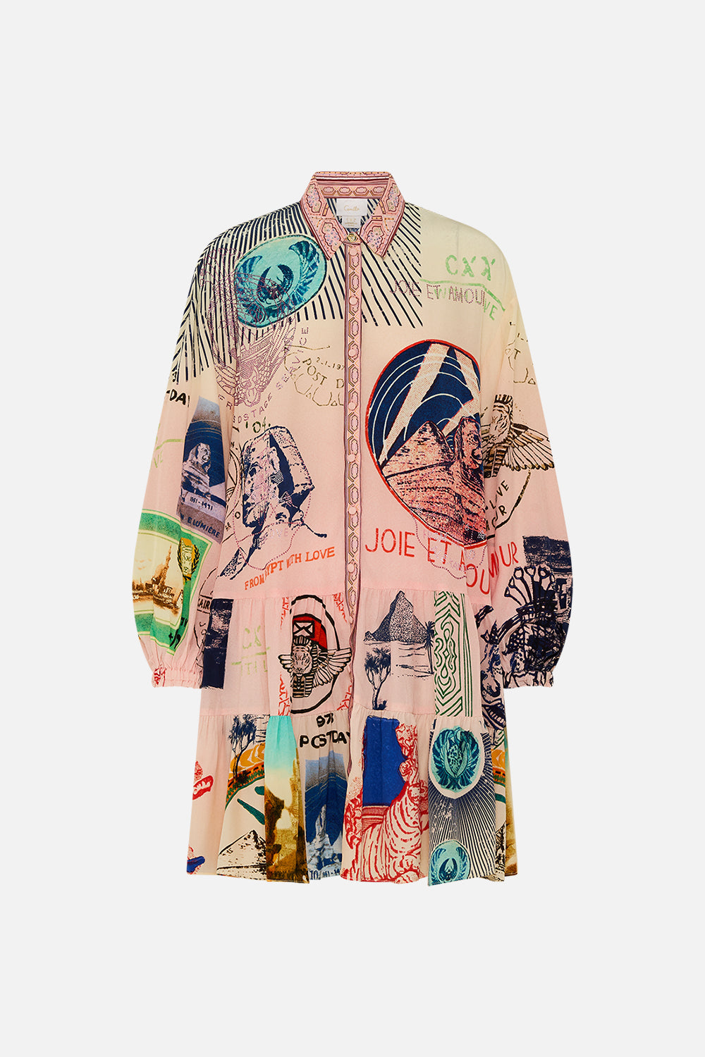 CAMILLA long sleeve tiered short dress in Haute Passport print. 