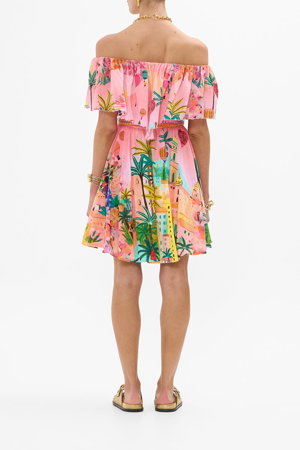 CAMILLA Shoulder Frill Short Dress in Sister Sunset print.