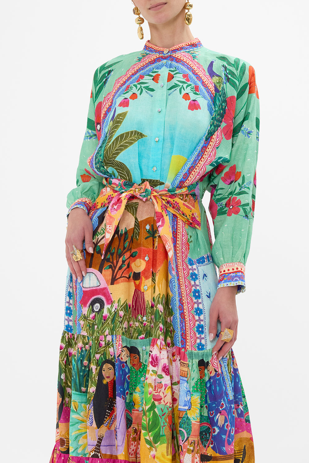 CAMILLA Tiered Shirdress With Wide Waist Tie in Queens of Creation print. 