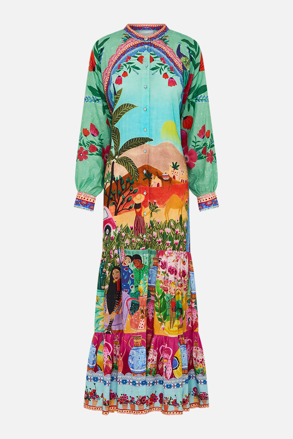 CAMILLA Tiered Shirdress With Wide Waist Tie in Queens of Creation print. 