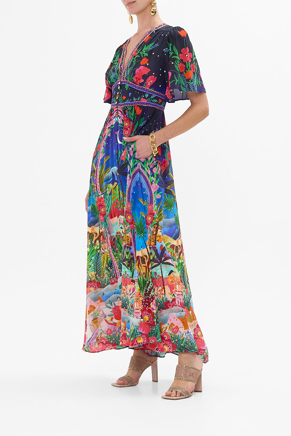 CAMILLA Shaped Waistband Dress with Flutter Sleeves in Midnight Muses print