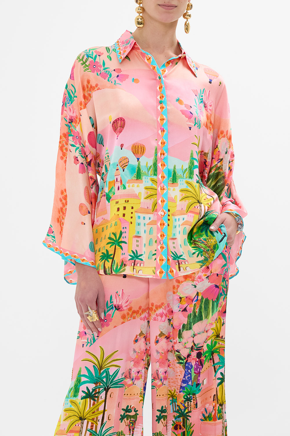 CAMILLA Wide Sleeve Blouse in Sister Sunet print. 