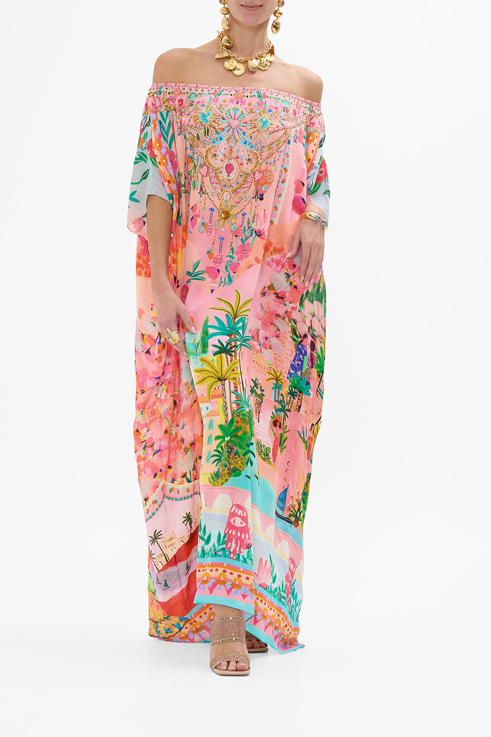 CAMILLA Off Shoulder Kaftan in Sister Sunset print. 
