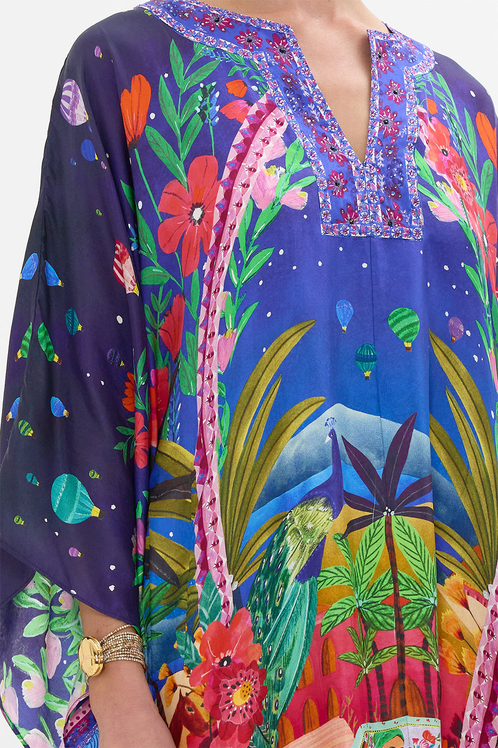 CAMILLA V Neck Kaftan With Front Welt Pockets in Midnight Muses print. 