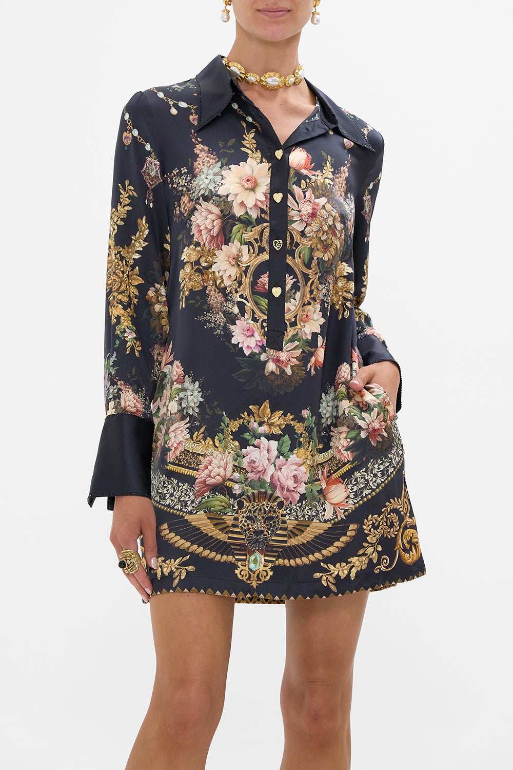 CAMILLA mini shirt dress in Dynasty Daze print. 