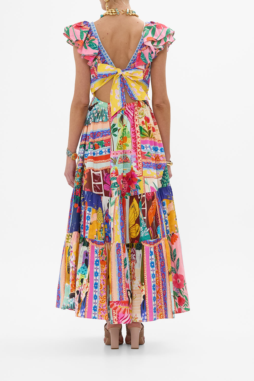 CAMILLA Tiered Dress With Neck Frill in Roeqiyas Realm print. 