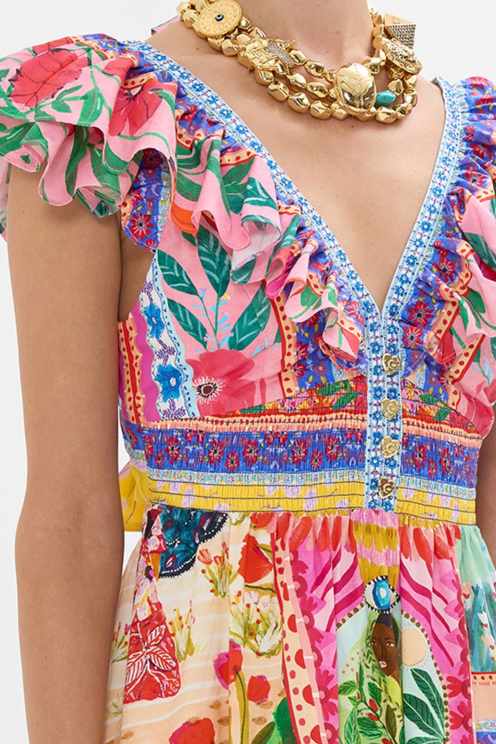 CAMILLA Tiered Dress With Neck Frill in Roeqiyas Realm print. 