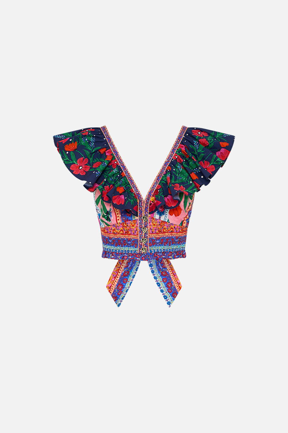 CAMILLA Deep V Frill Short Sleeve Top in Roeqiyas Realm print. 