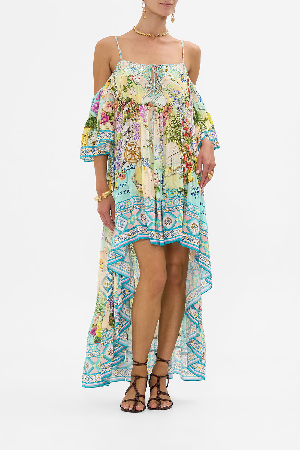 The CAMILLA COLD SHOULDER HIGH LOW DRESS JUST COASTING in our JUST COASTING print.