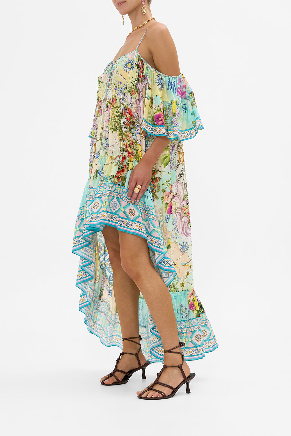 The CAMILLA COLD SHOULDER HIGH LOW DRESS JUST COASTING in our  print.