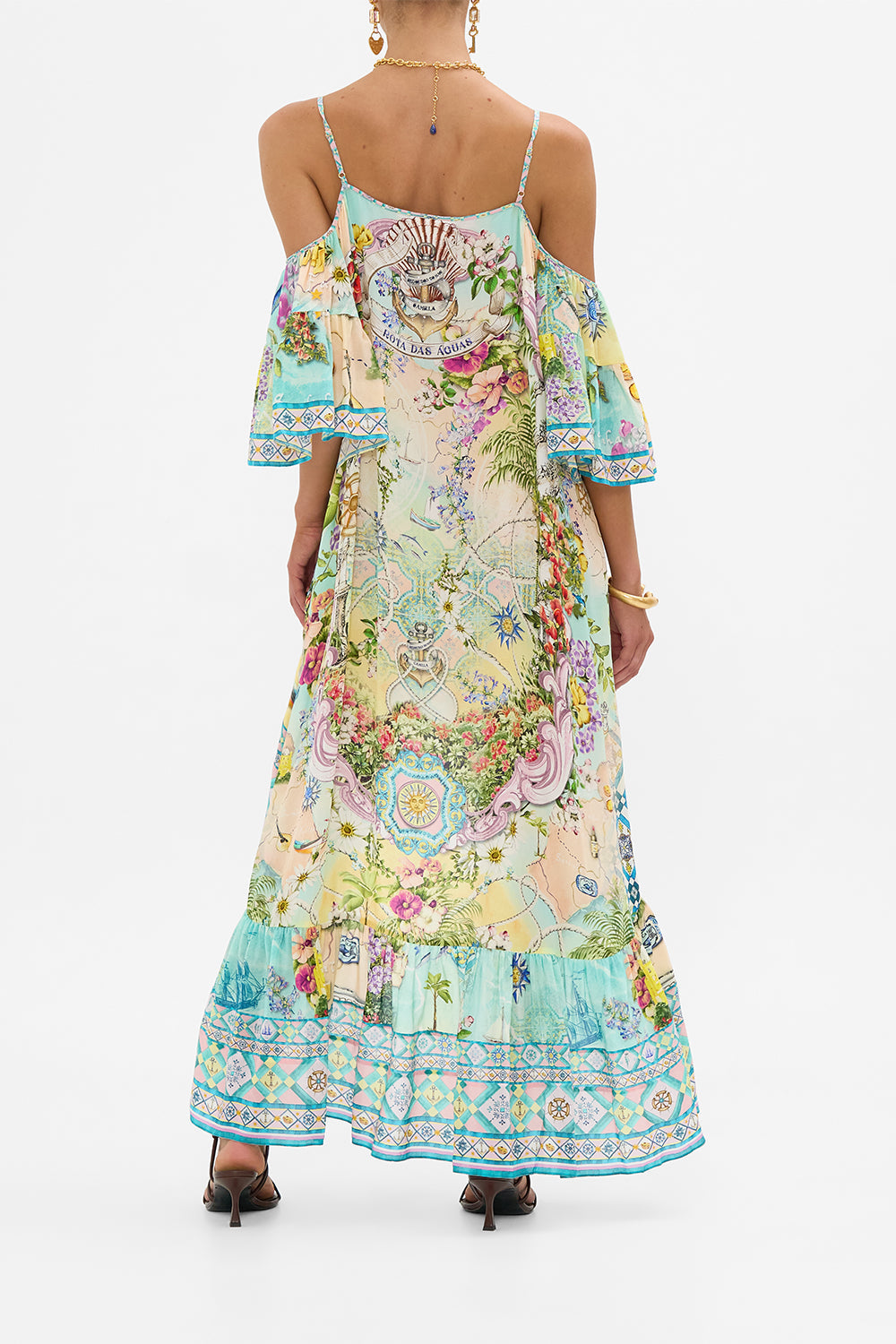 The CAMILLA COLD SHOULDER HIGH LOW DRESS JUST COASTING in our  print.