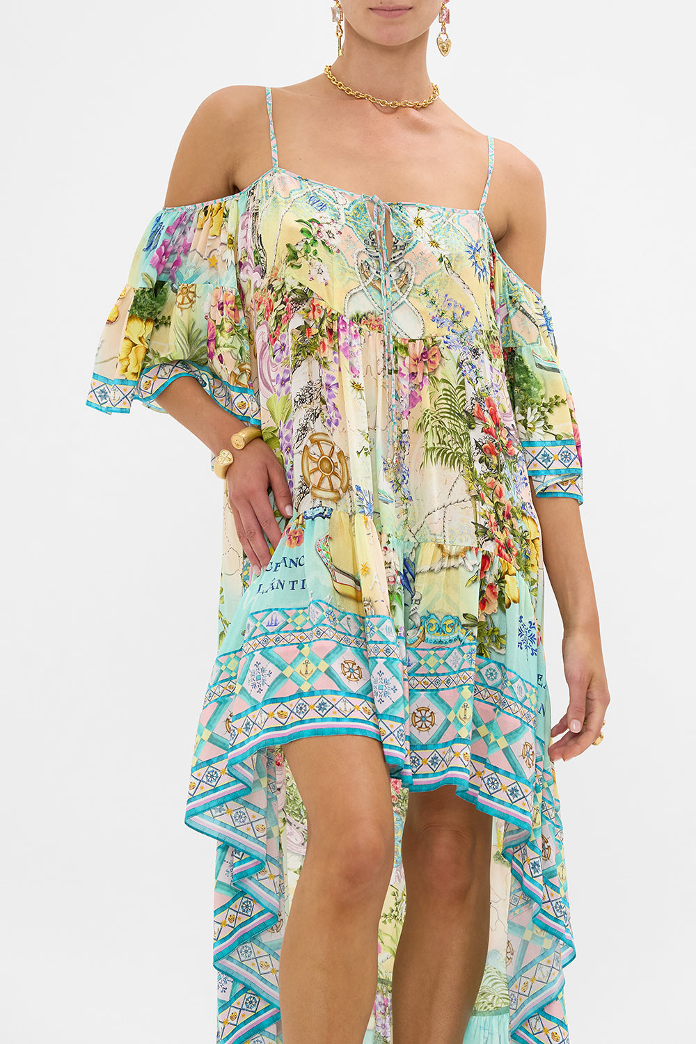 The CAMILLA COLD SHOULDER HIGH LOW DRESS JUST COASTING in our  print.