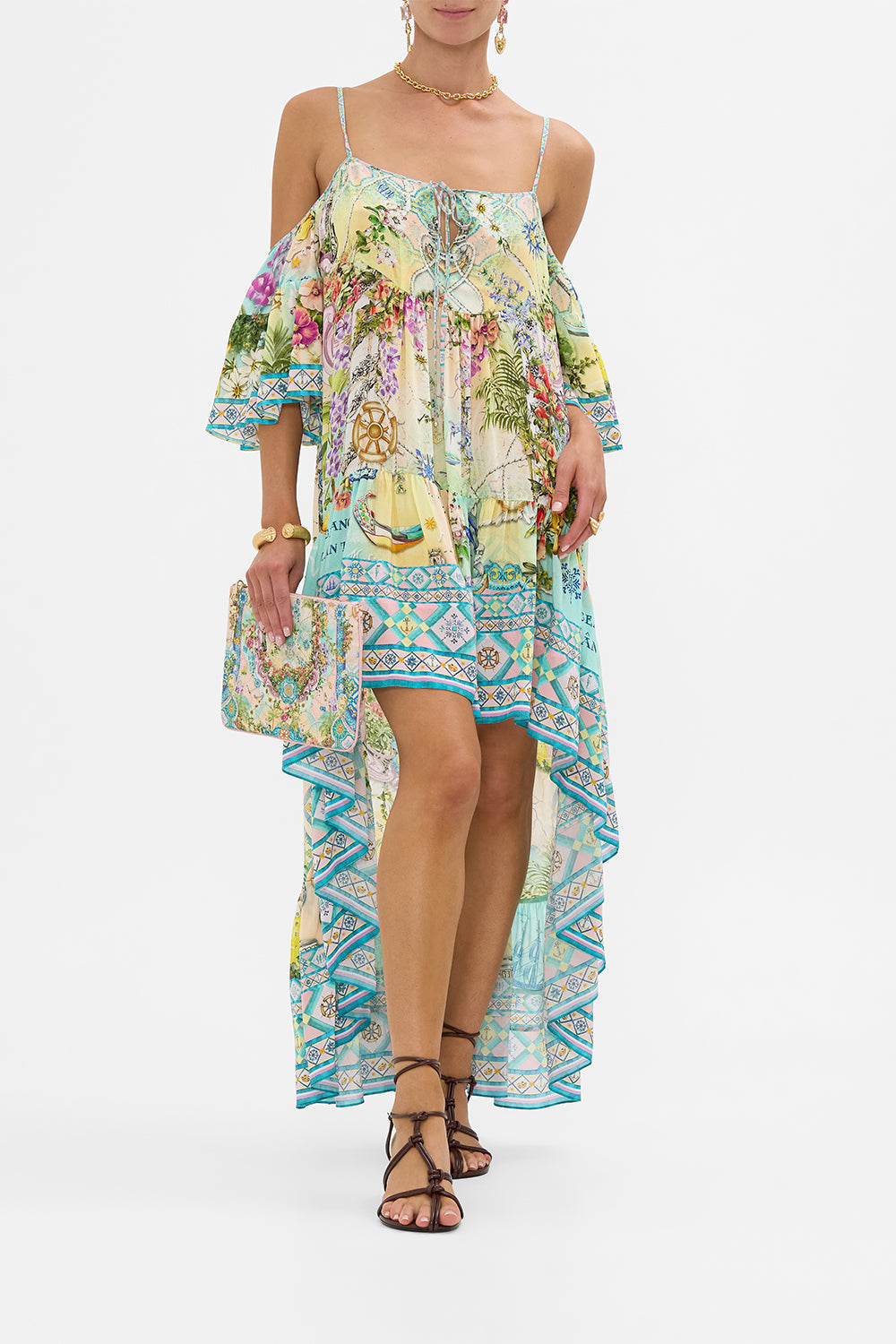 The CAMILLA COLD SHOULDER HIGH LOW DRESS JUST COASTING in our  print.