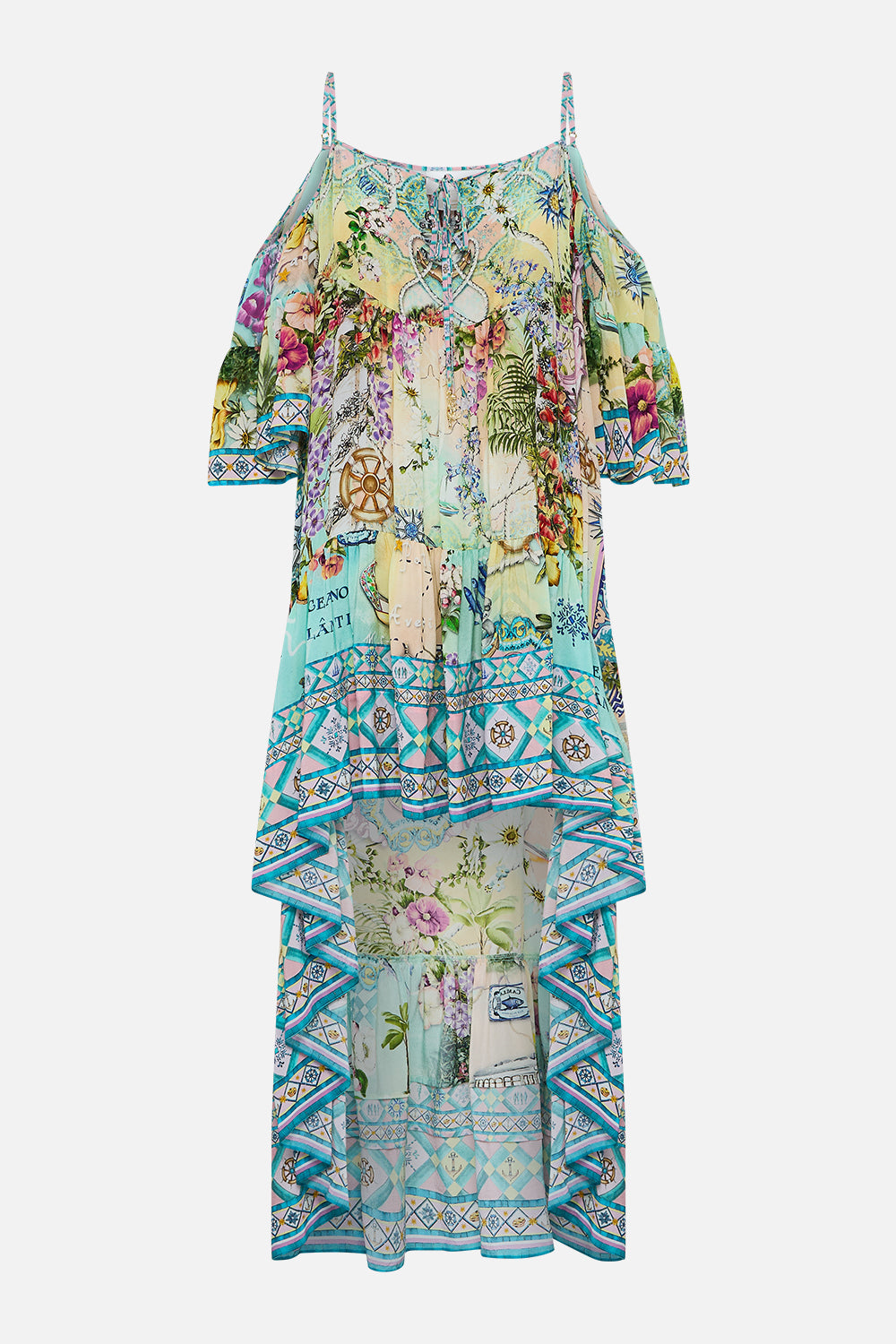 The CAMILLA COLD SHOULDER HIGH LOW DRESS JUST COASTING in our  print.