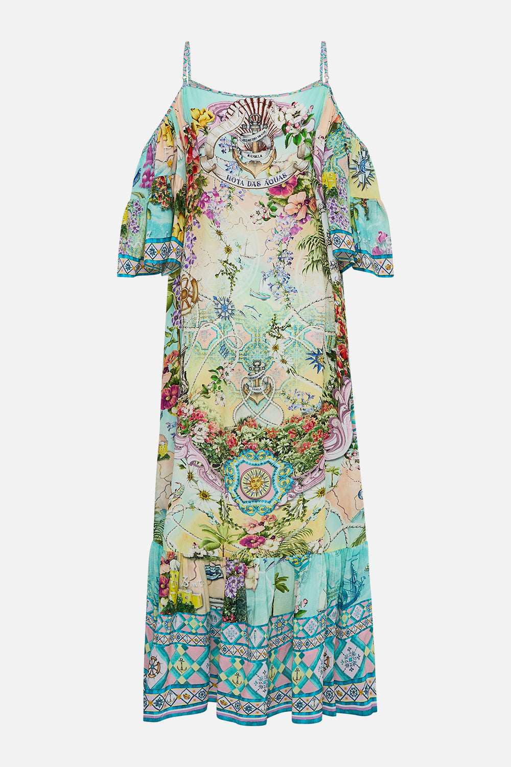 The CAMILLA COLD SHOULDER HIGH LOW DRESS JUST COASTING in our  print.