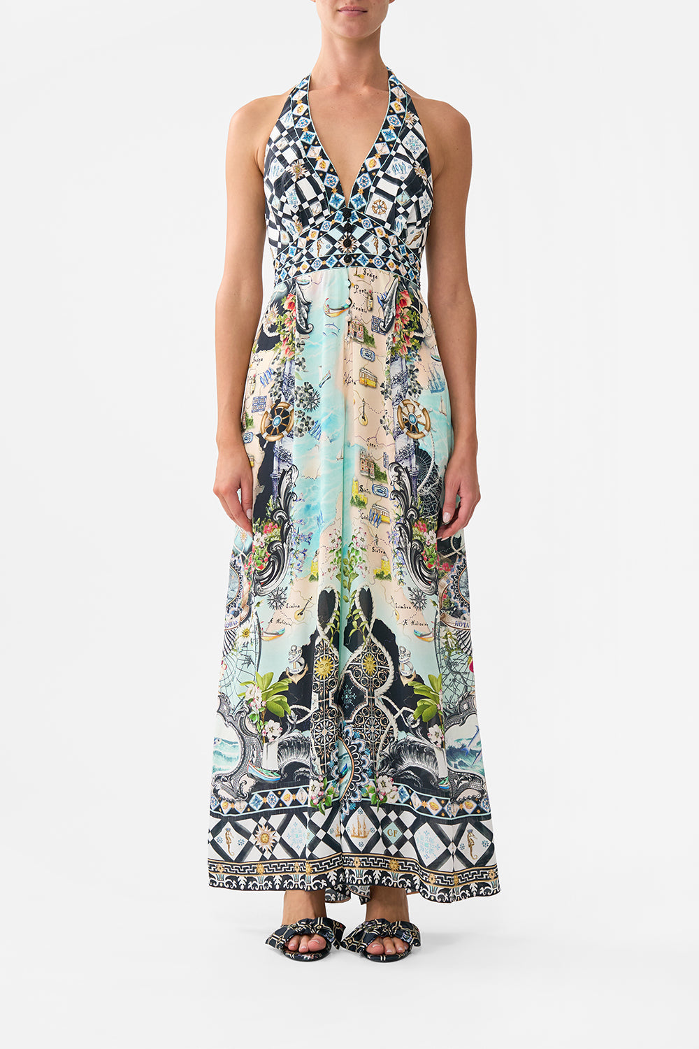 The CAMILLA Halterneck Jumpsuit With Tie Neck in our Folk Afloat print.