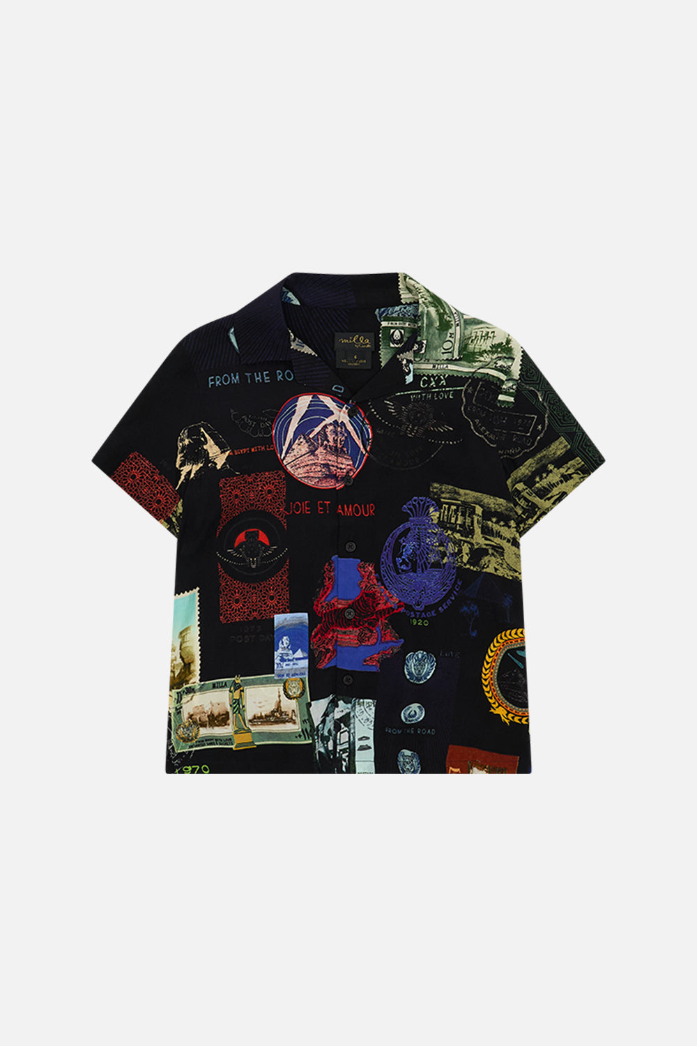 MILLA By CAMILLA black boys short sleeve shirt in Landmarks and Love Letters print. 
