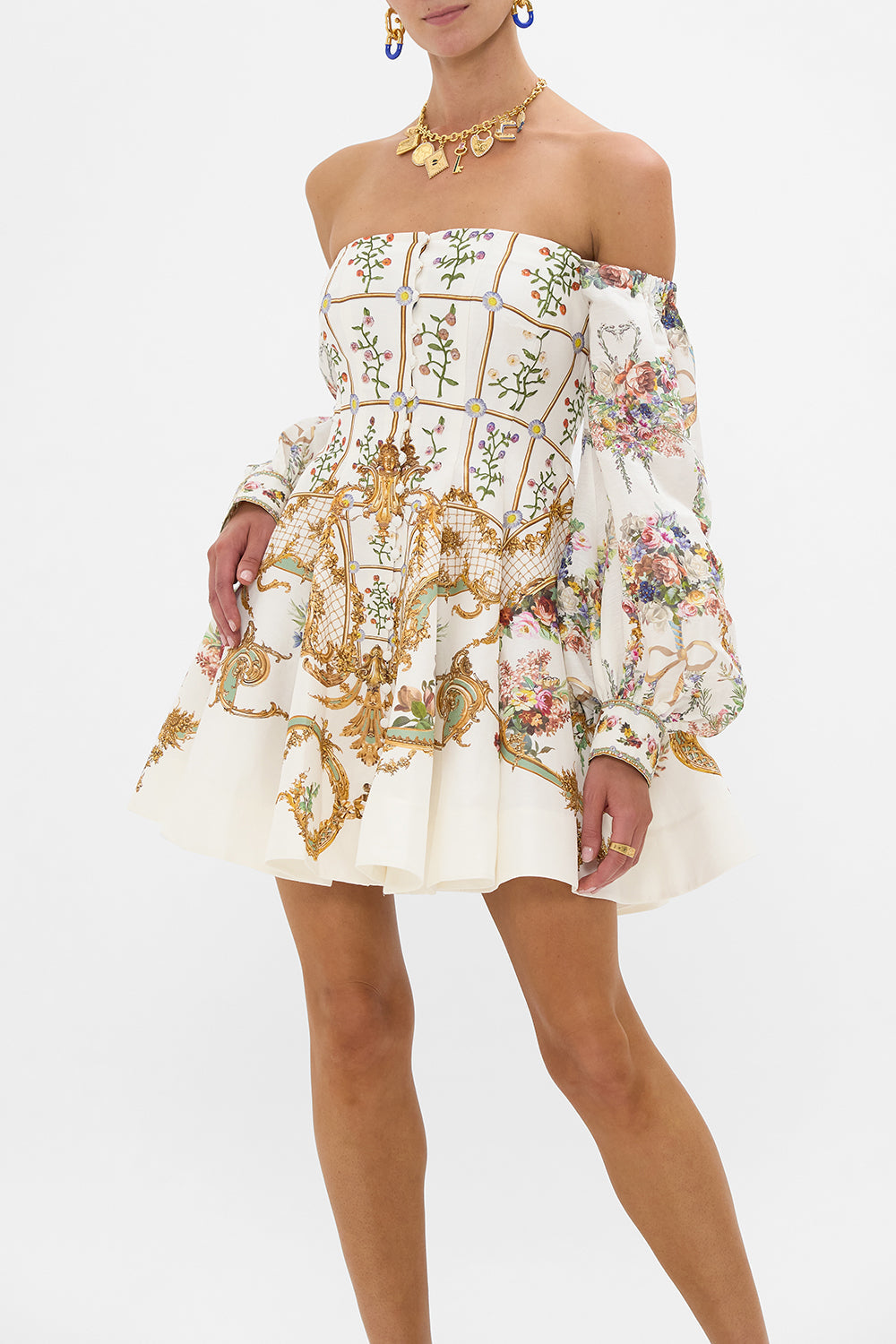 The CAMILLA Seamed Off The Shoulder Dress in our Dressing Room Drama print.