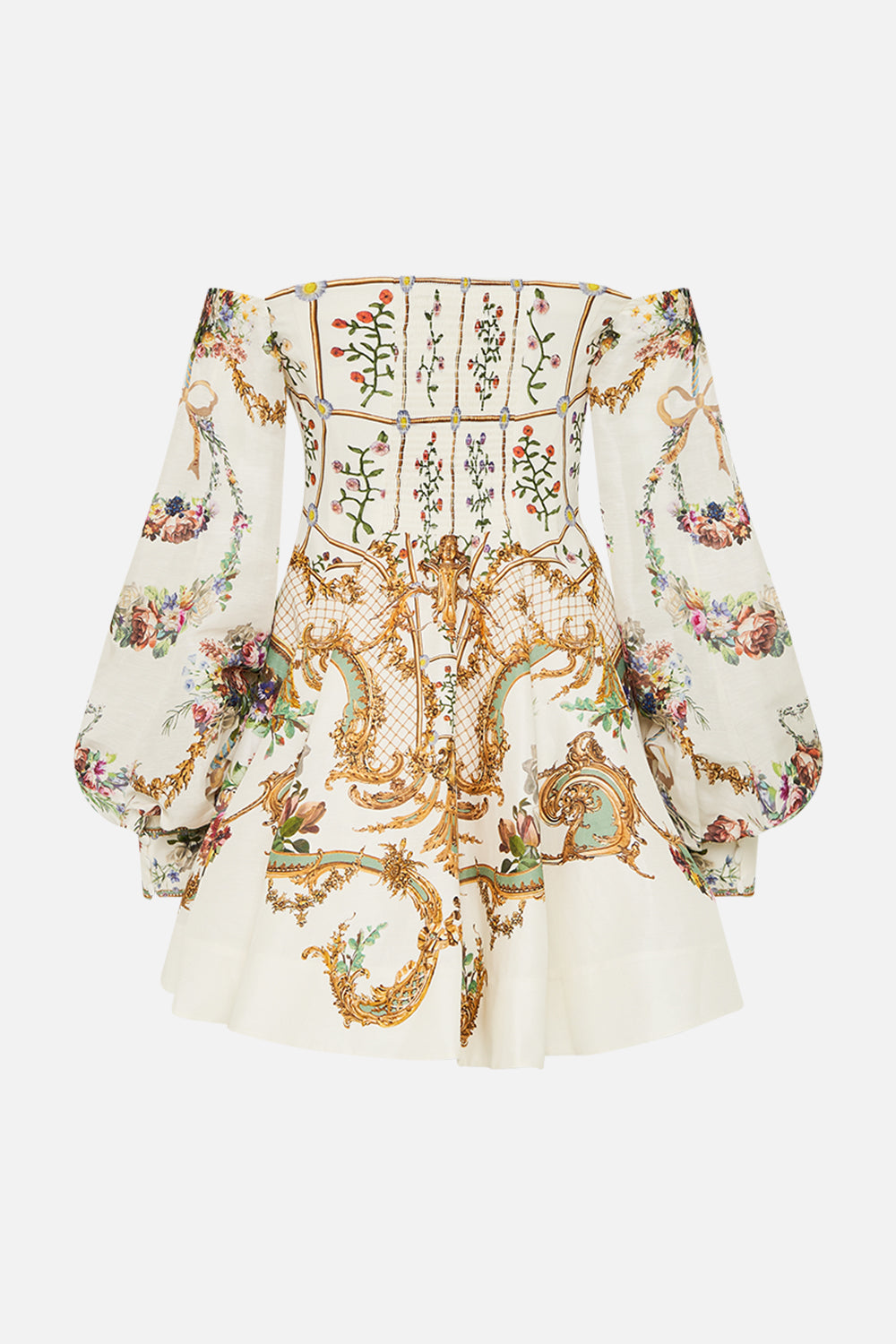 The CAMILLA Seamed Off The Shoulder Dress in our Dressing Room Drama print.