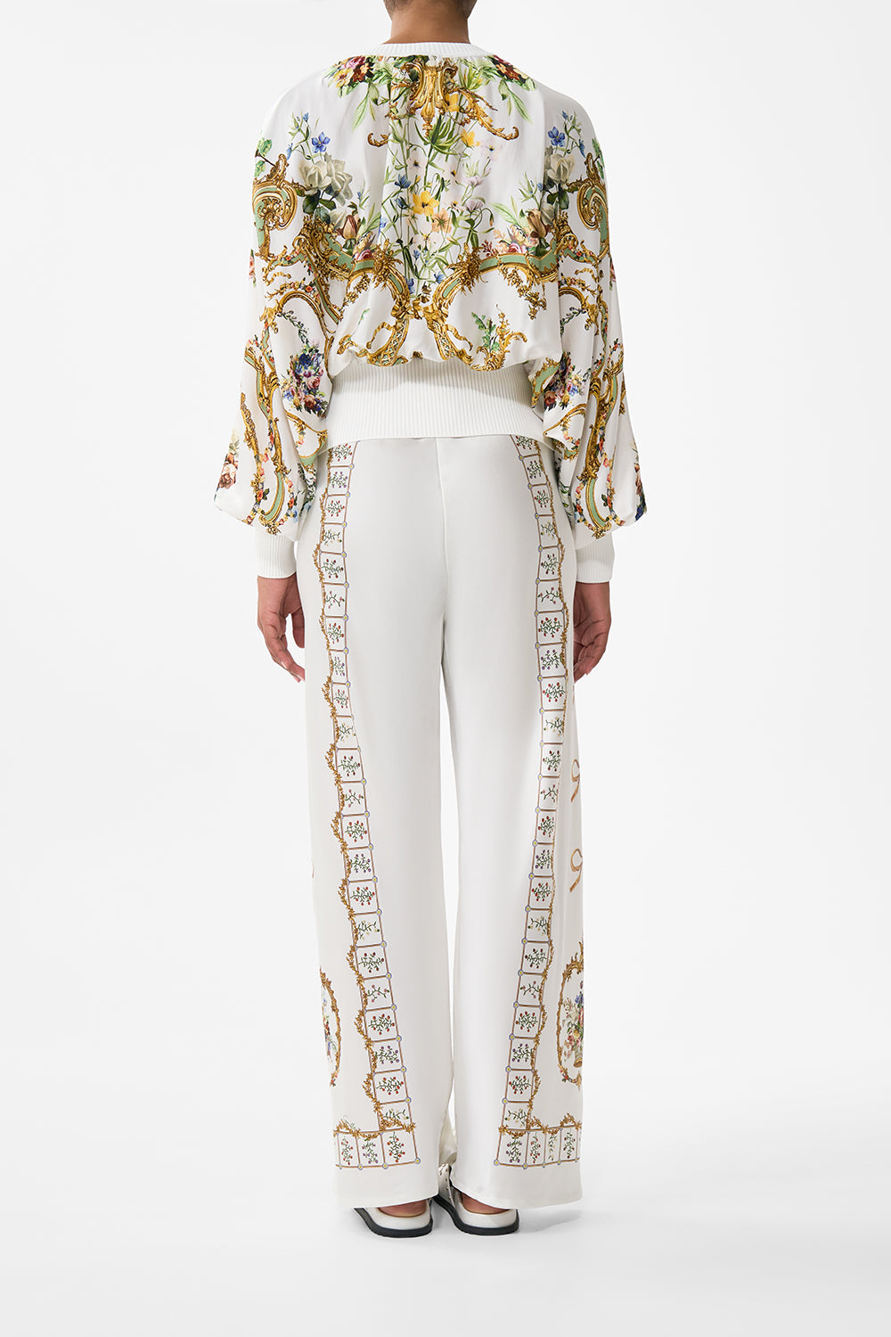 The CAMILLA Bias Cut Drawstring Pant in our Dressing Room Drama print.