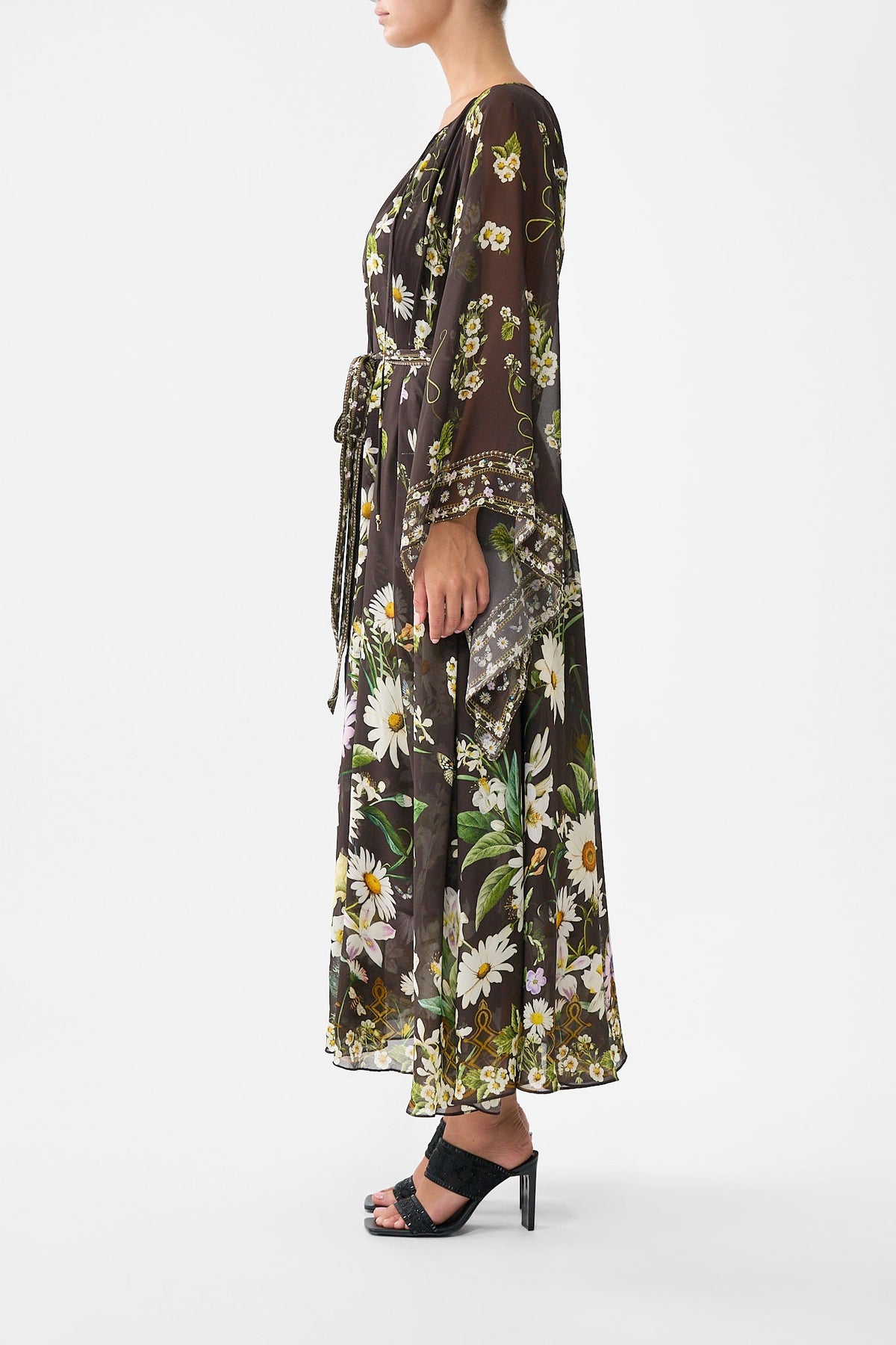 The CAMILLA Long Dress With Handkerchief Sleeve in our Dish It, Daisy print.