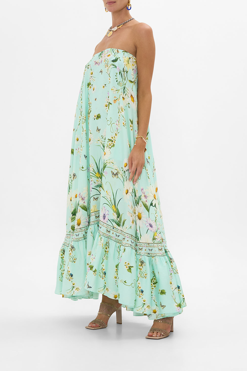 The CAMILLA Strapless Maxi With Ruffle Hem in our Floral Freefall print.