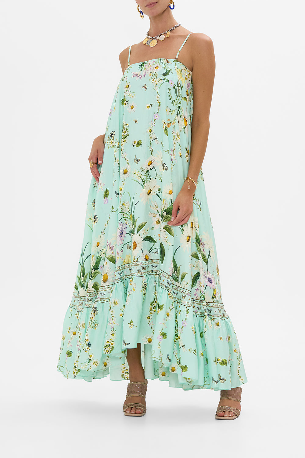 The CAMILLA Strapless Maxi With Ruffle Hem in our Floral Freefall print.