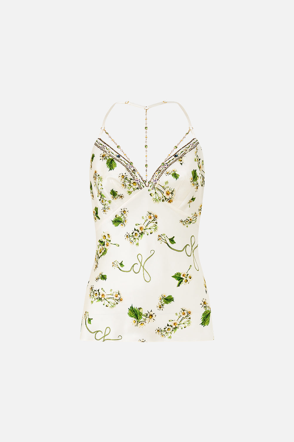 The CAMILLA Chain Detail Bias Cami in our Botanical Utopia print.