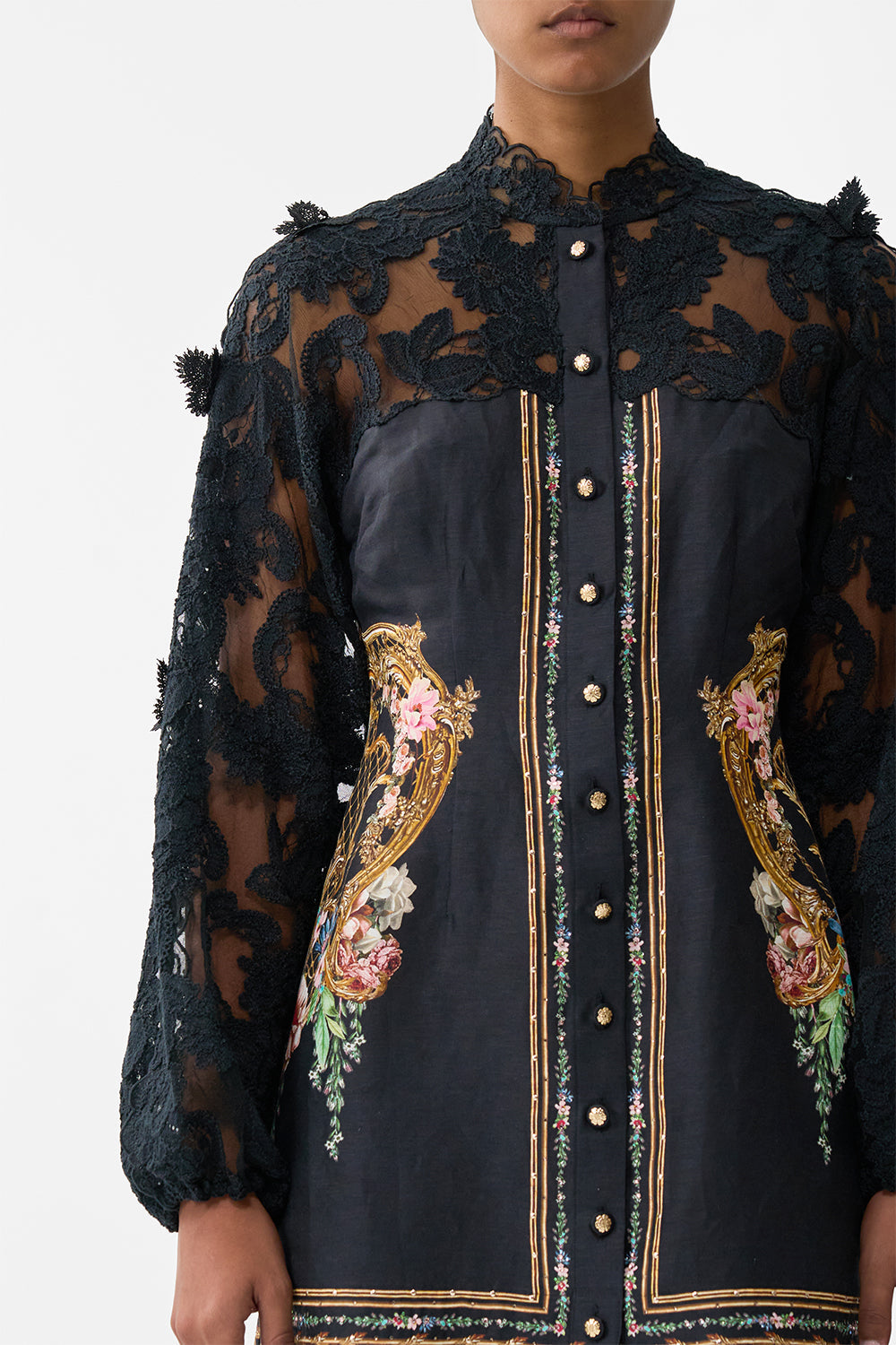 The CAMILLA Lace Sleeve Mini Dress in our Noble Endeavours print.