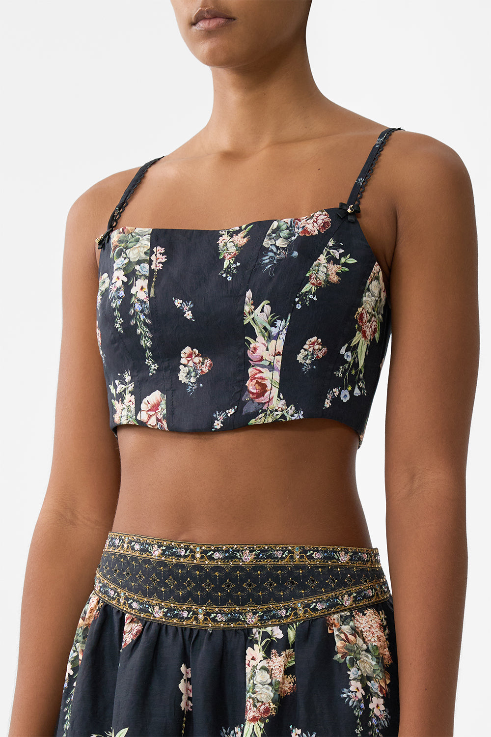 The CAMILLA Corset Crop Top in our Noble Endeavours print.
