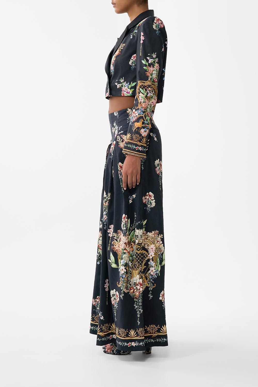 The CAMILLA Cropped Tailored Double Breasted Jacket in our Noble Endeavours print.